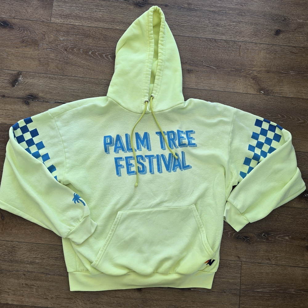 Aviator Nation Size Medium Neon Yellow Hoodie with Blue Chest Print